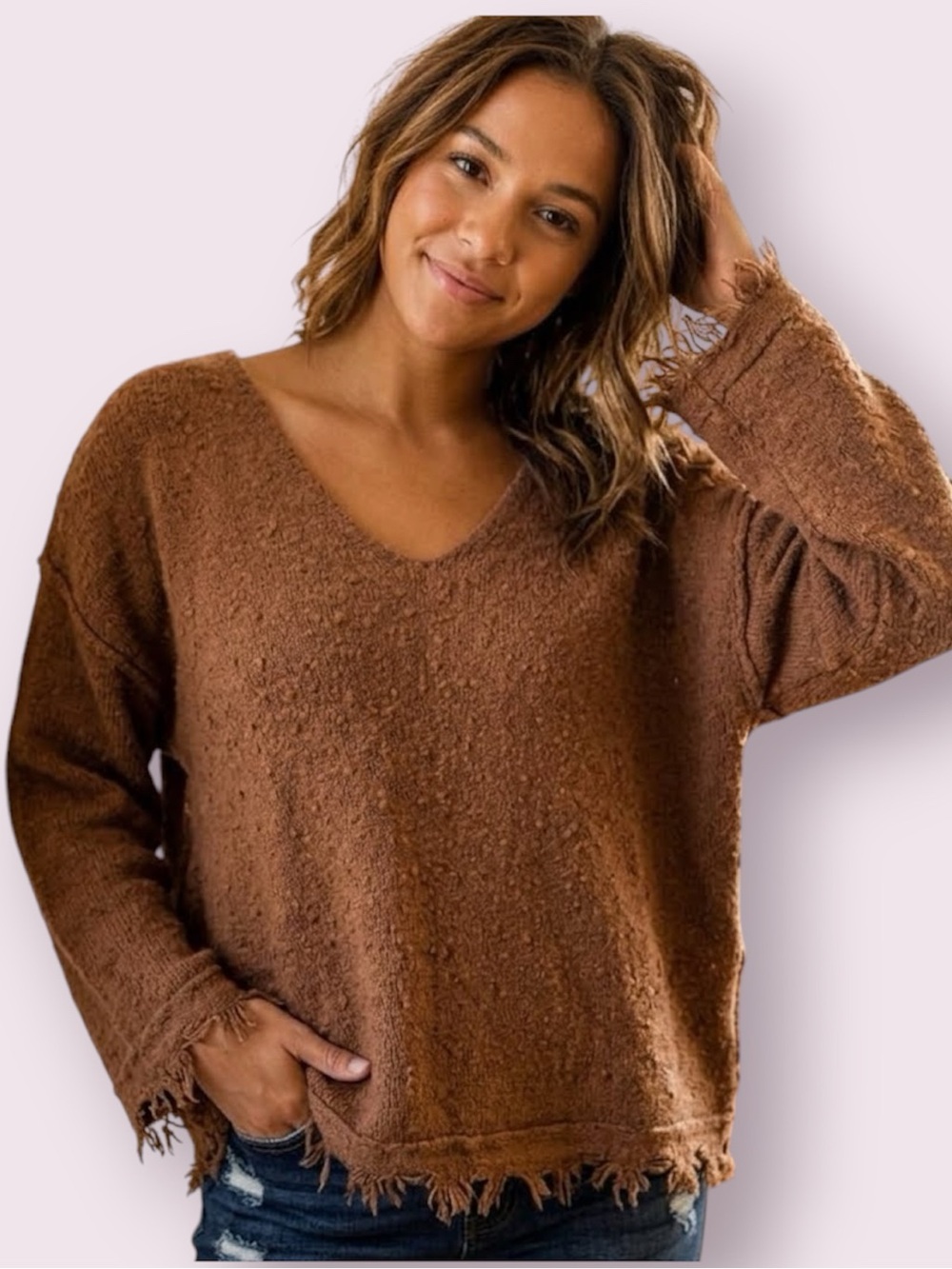 Free People Irresistible Wool Linen Fringe Distressed Sweater Brown Size Large